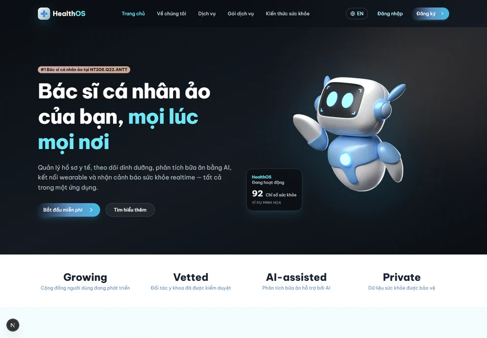 Trang chủ HealthOS trên desktop, với phần giới thiệu và minh họa robot.